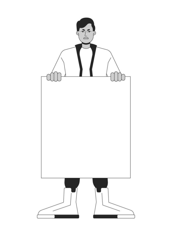 Angry protest flat line black white vector character. Editable outline full body person. Shouting slogans. Man holding placard. Simple cartoon isolated spot illustration for web graphic design