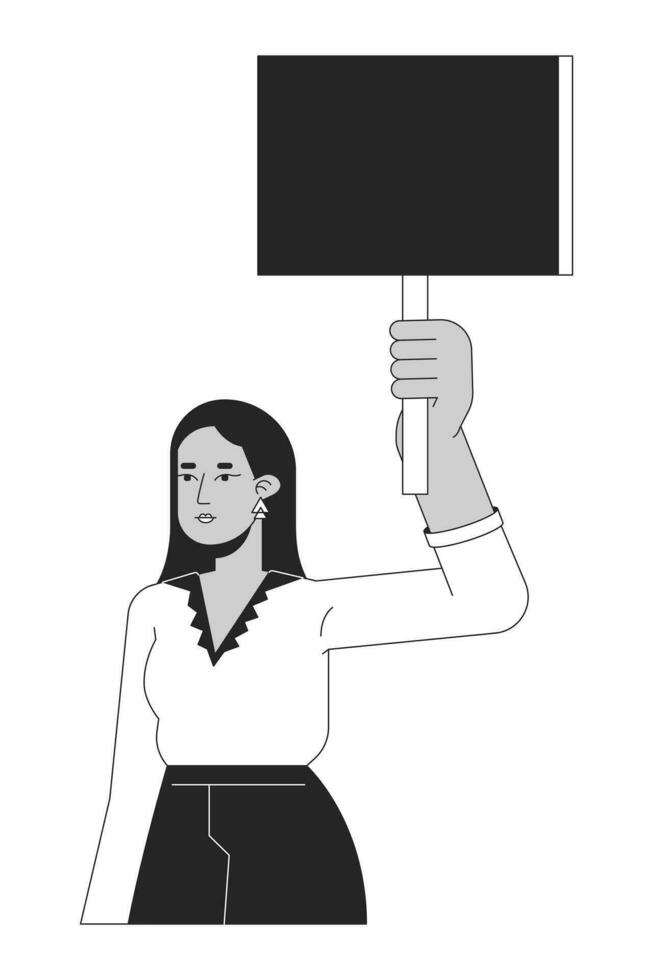 Indian protester flat line black white vector character. Editable outline half body person. Peaceful public demonstration. Simple cartoon isolated spot illustration for web graphic design