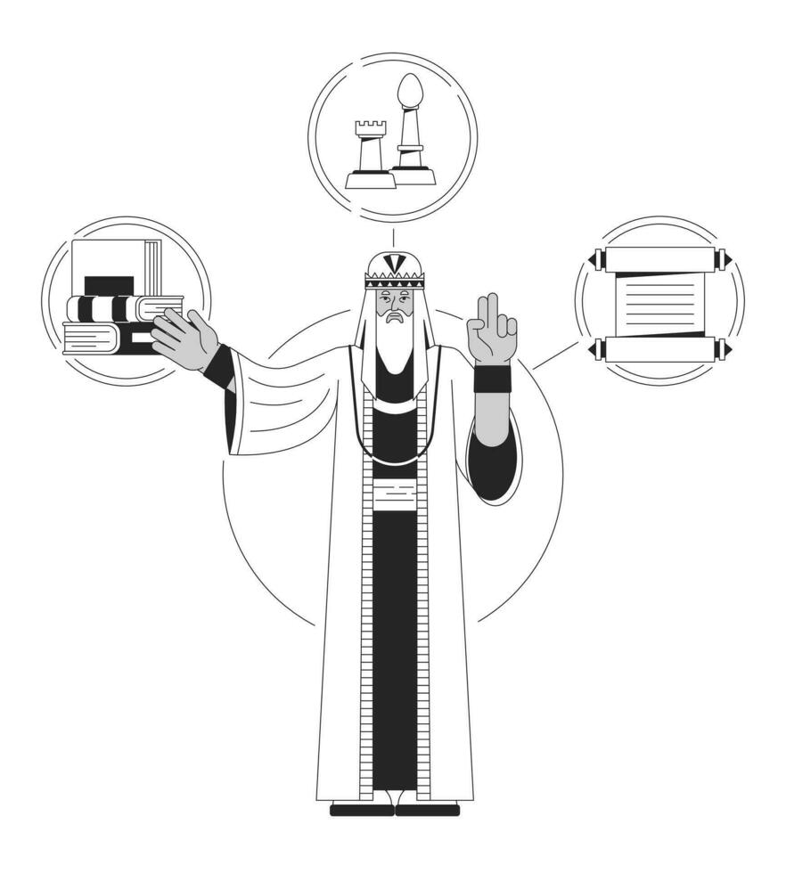 Sage archetype bw concept vector spot illustration. Wise man with long beard 2D cartoon flat line monochromatic character for web UI design. Psychology personality editable isolated outline hero image