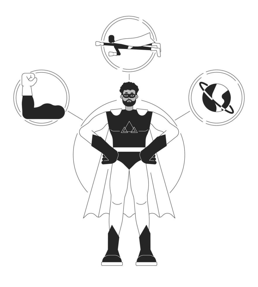 Superhero person archetype bw concept vector spot illustration. Afro man protecting world 2D cartoon flat line monochromatic character for web UI design. Editable isolated outline hero image