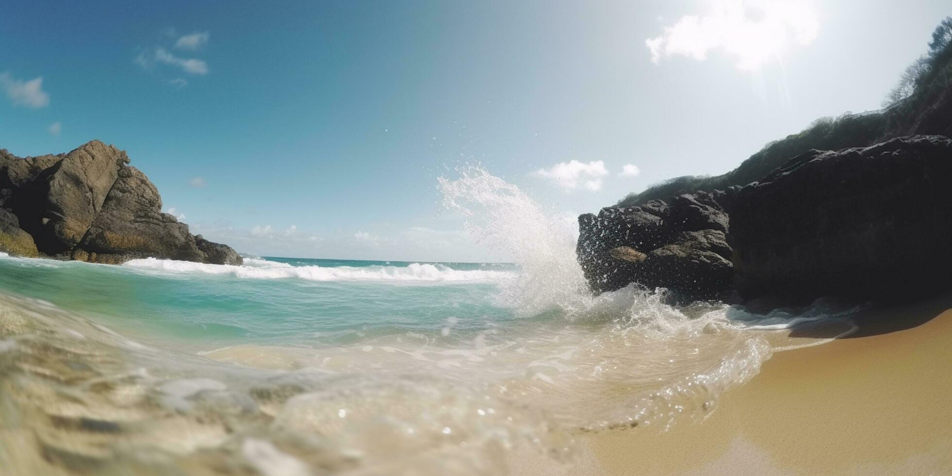 Spectacular Rocky Seaside Cove with Waves, Clear Water, Blue Sky, and Sun - AI generated photo