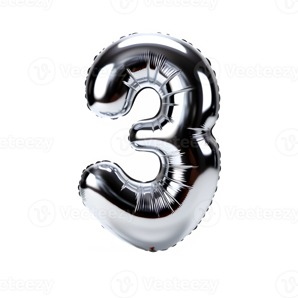 silver chrome balloon shaped number 3 isolated on transparent background ,generative ai png