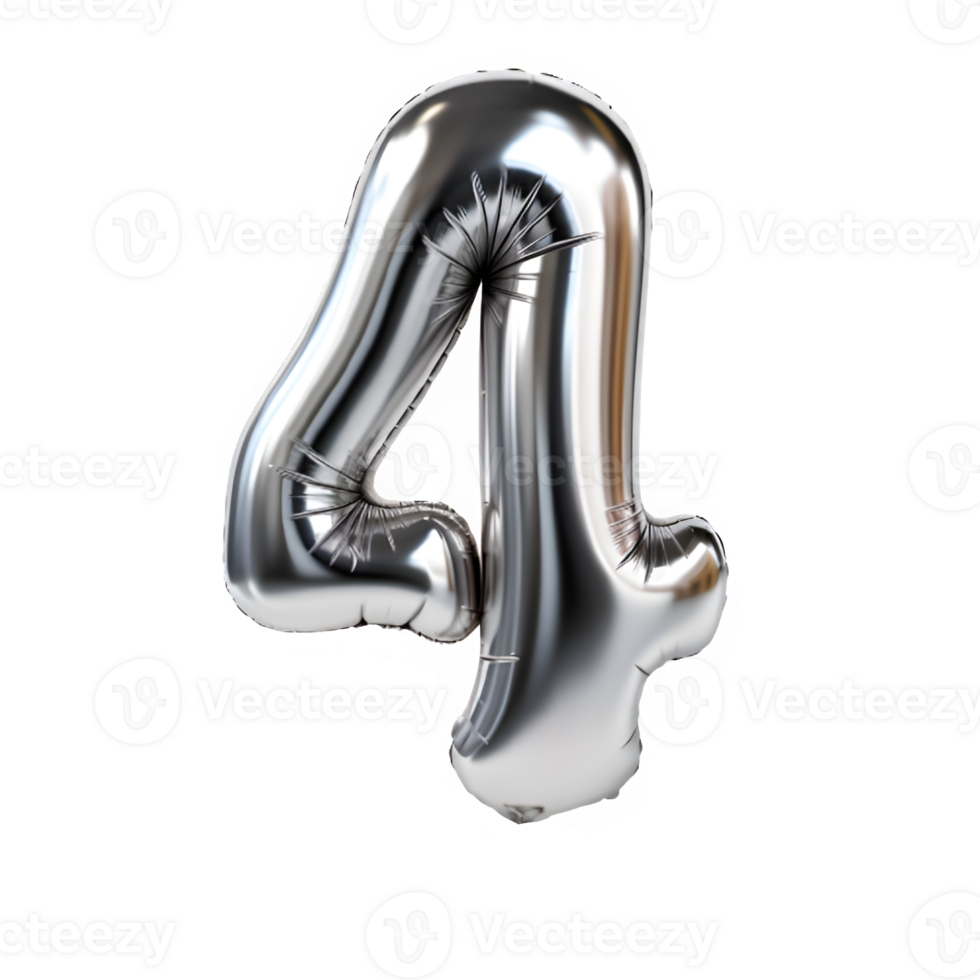 silver chrome balloon shaped number 4 isolated on transparent background ,generative ai png