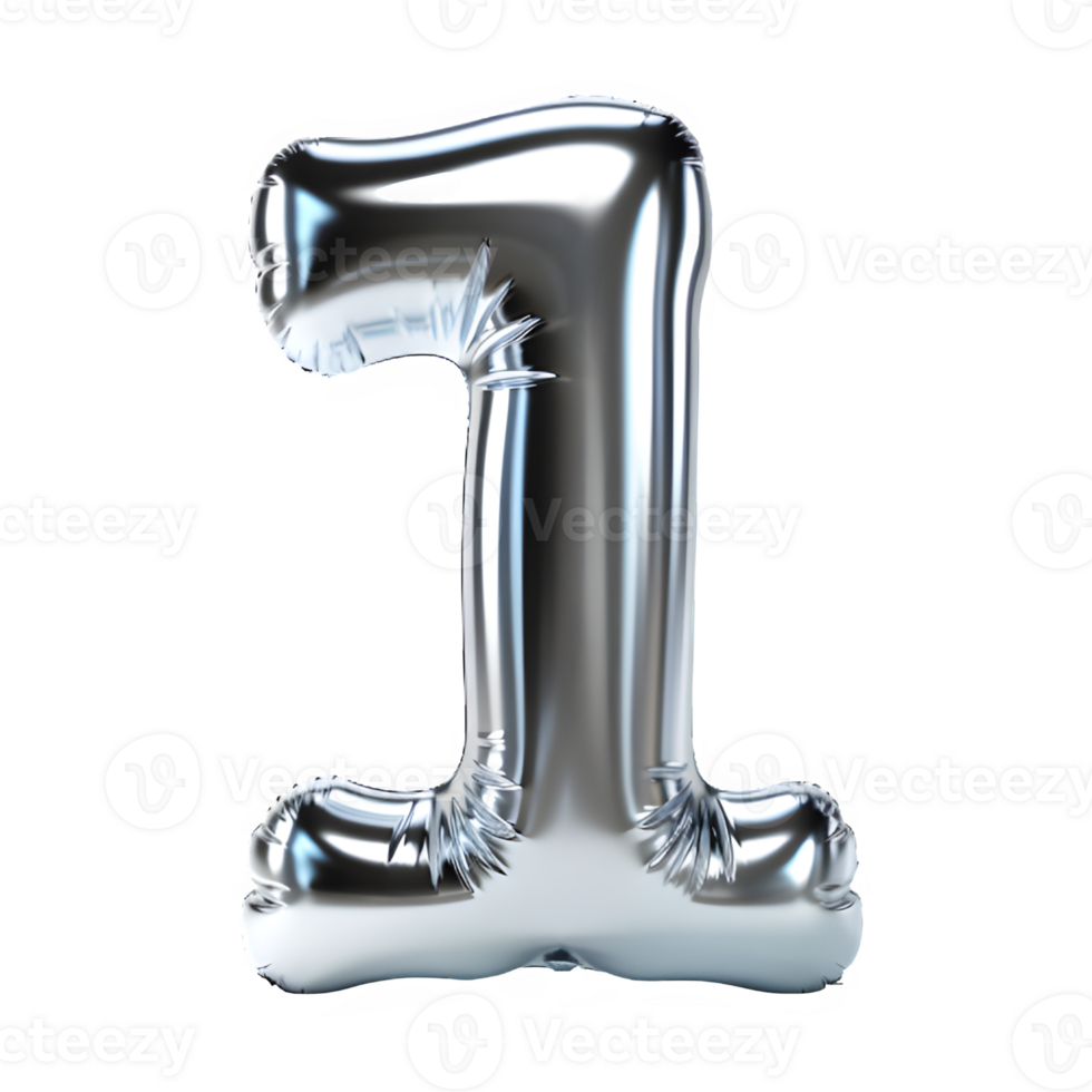 silver chrome balloon shaped number 1 isolated on transparent background ,generative ai png