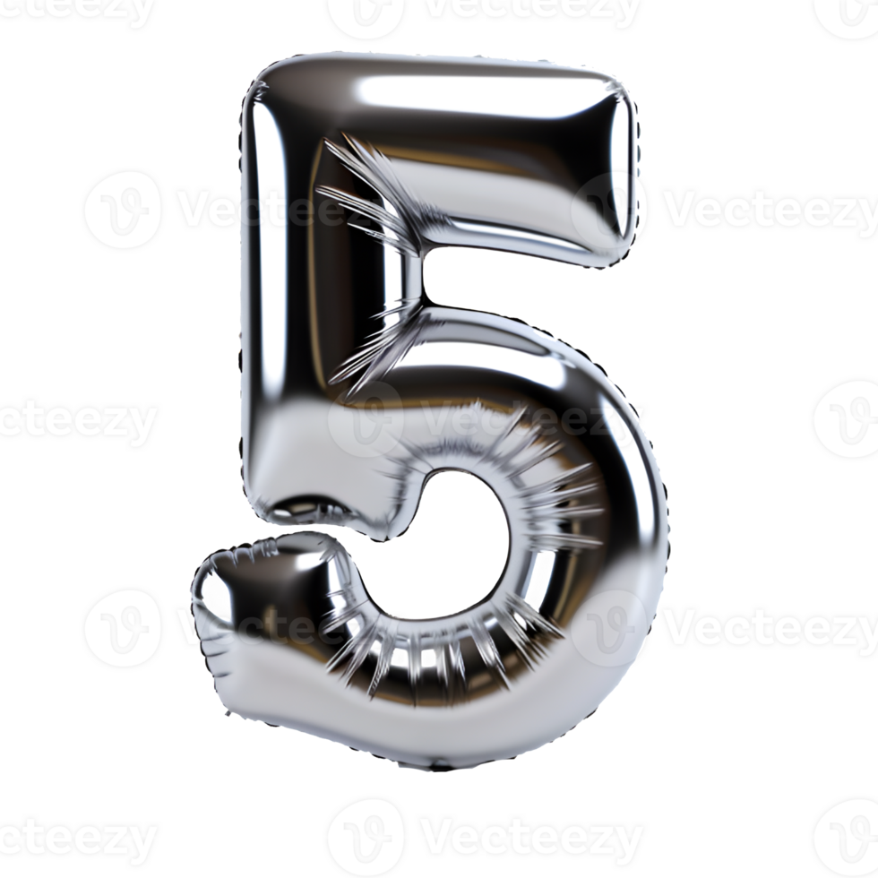 silver chrome balloon shaped number 5 isolated on transparent background ,generative ai png