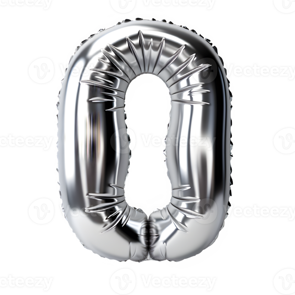 silver chrome balloon shaped number 0 isolated on transparent background ,generative ai png