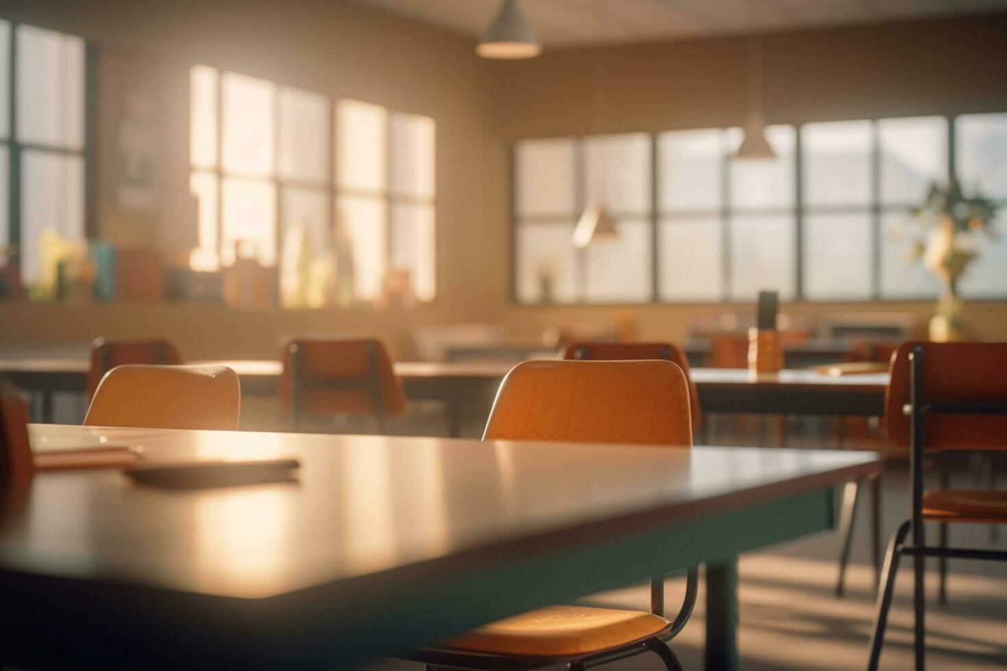 Serenely Empty Classroom Bathed in Radiant Natural Light - AI generated photo