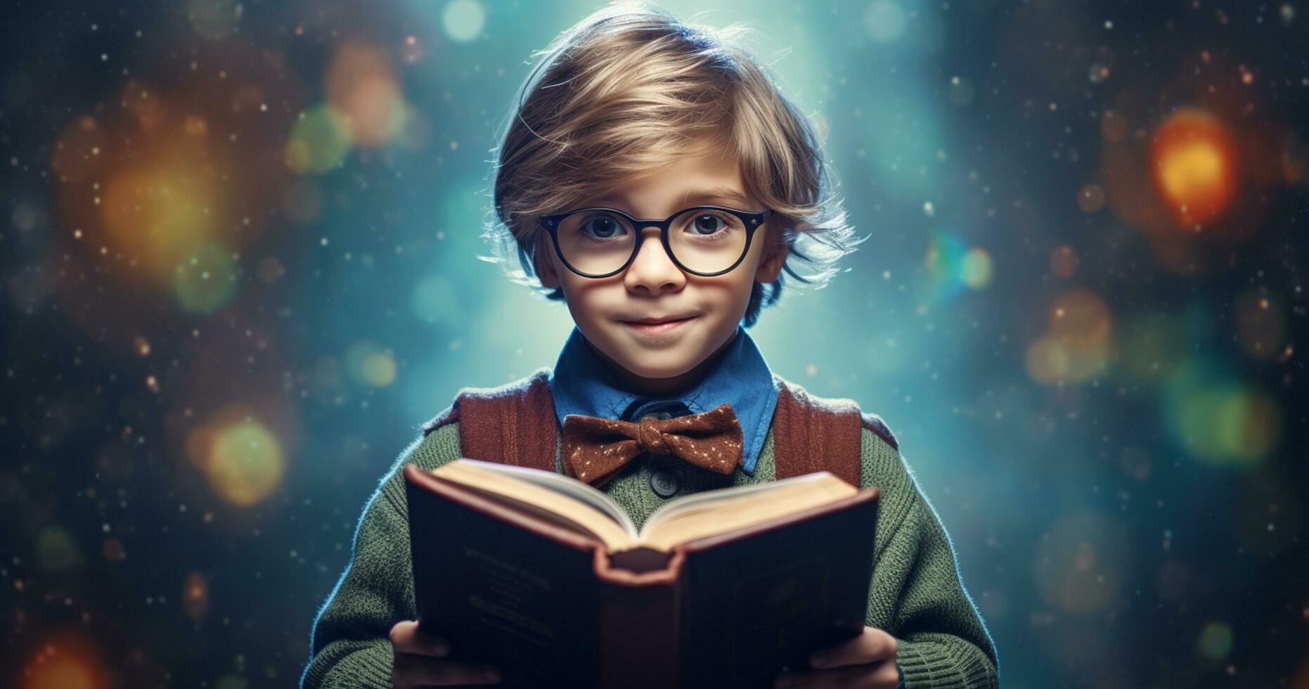 joven erudito con lentes absorto en libro leyendo aventuras - ai generado foto