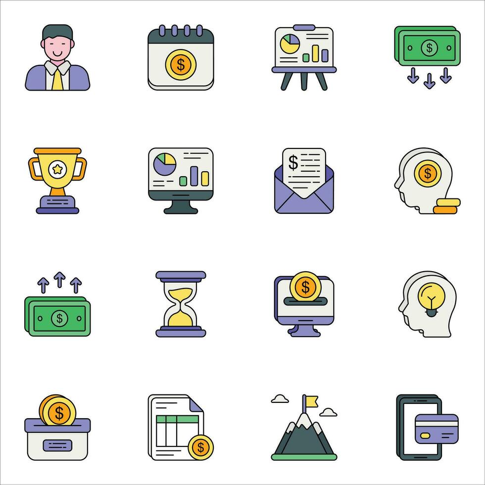 business and finance color outline icons set pack vector