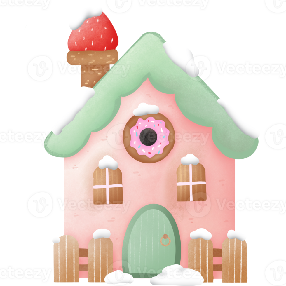 Pink and green house in snow png