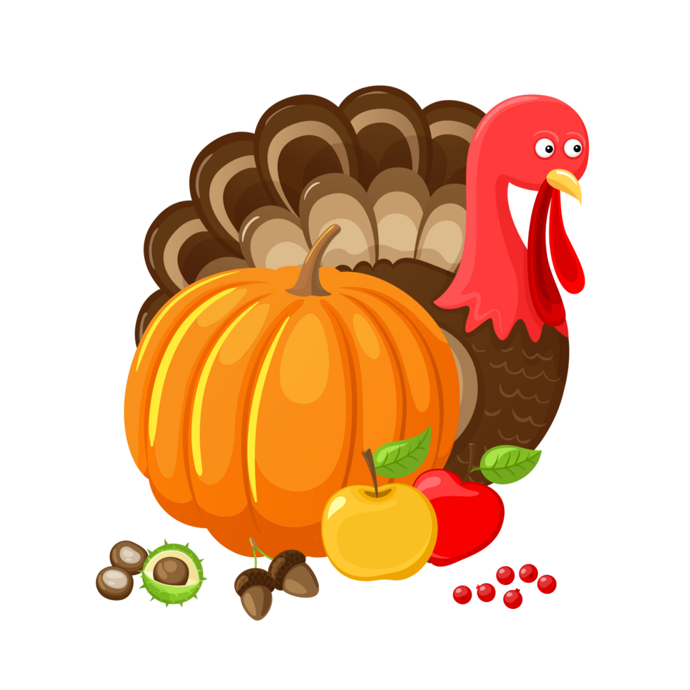 Thanksgiving horn of plenty cornucopia full of vegetables and fruit with cartoon pilgrim turkey  Generative Ai png