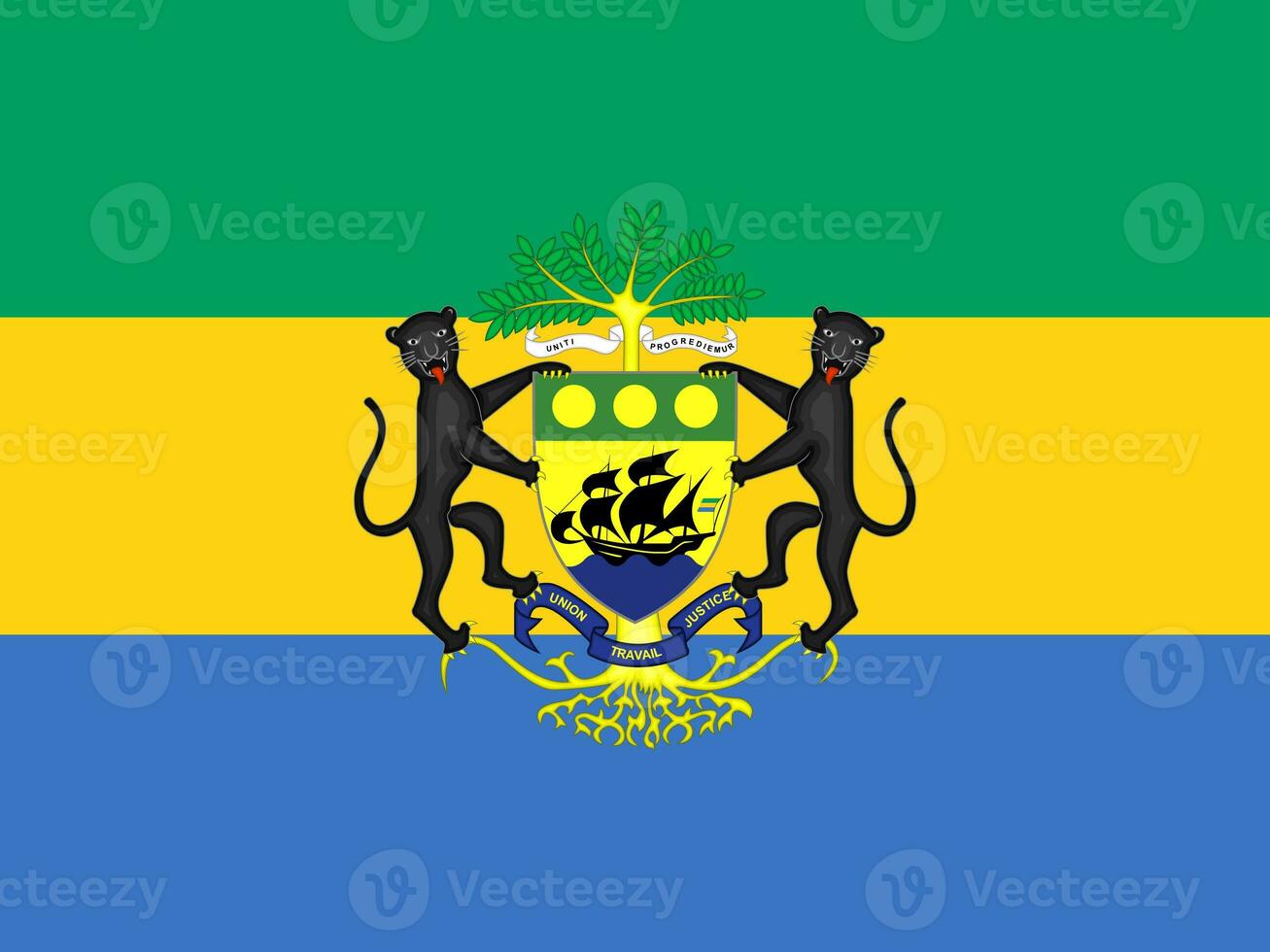 The official current flag and coat of arms of Republic of Gabon. State flag of Gabon. Illustration. photo