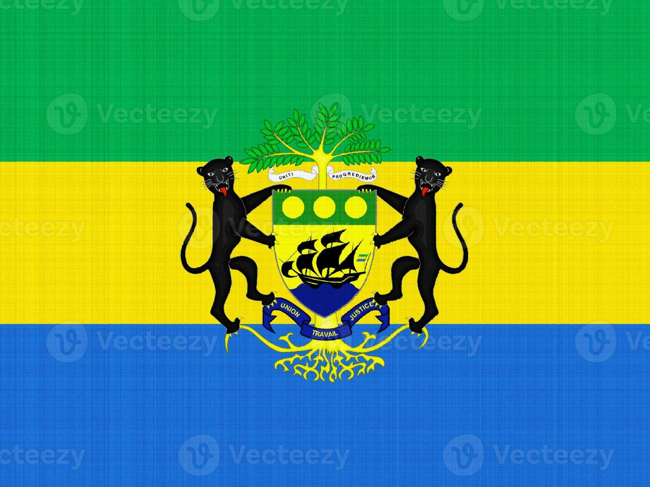 Flag and coat of arms of Republic of Gabon on a textured background. Concept collage. photo