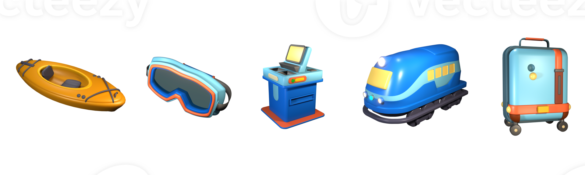 3D icon world tourism day collection rendered isolated on the transparent background. kayak, ski goggles, ticket counter, train, and suitcase object for your design. png