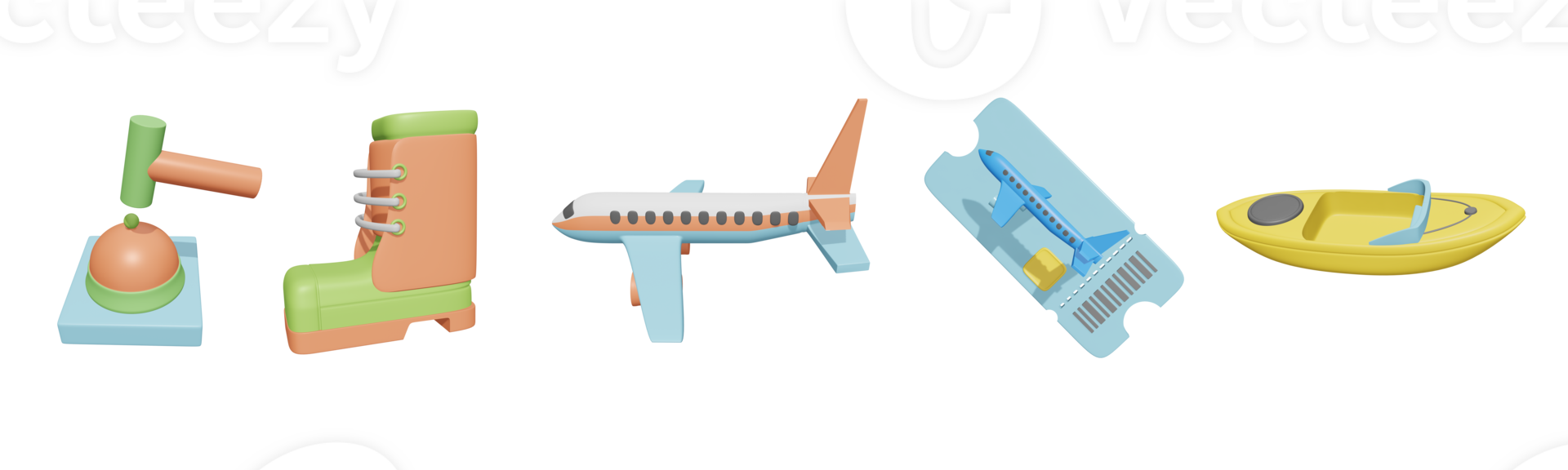 3D icon world tourism day collection rendered isolated on the transparent background. desk bell, hiking boot, airplane, airplane boarding pass, and kayak object for your design. png