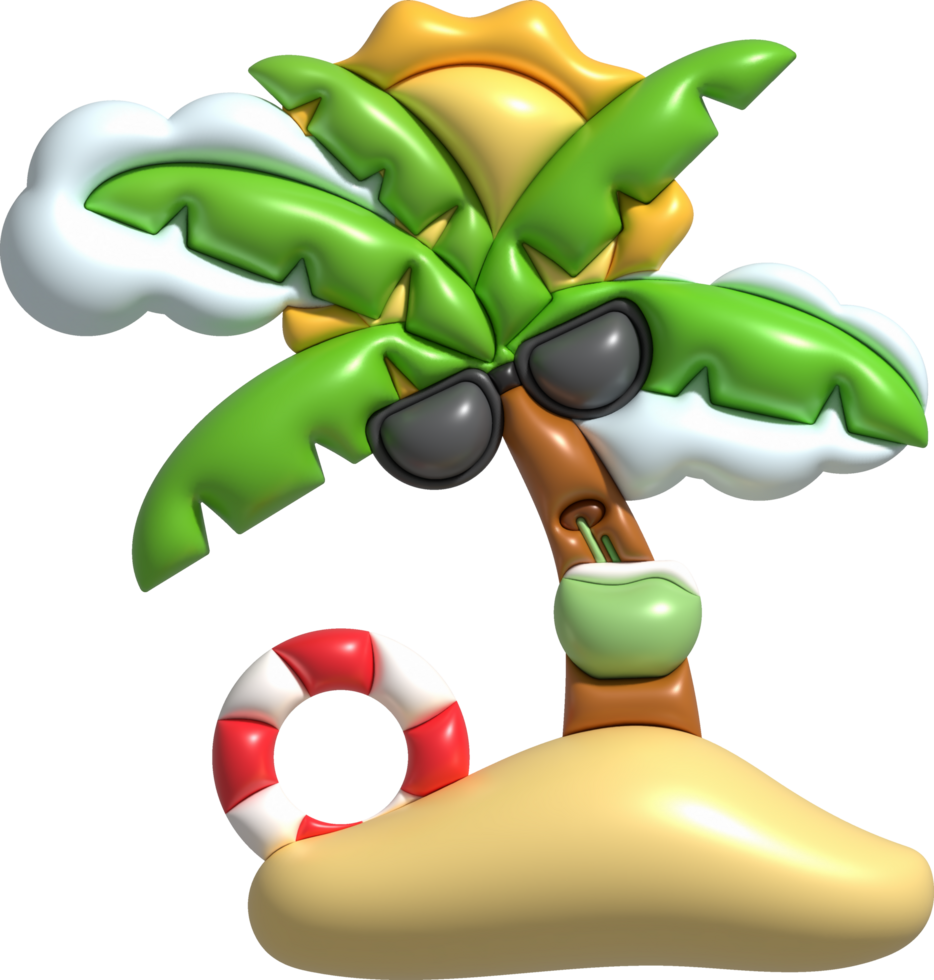 3d illustration Coconut tree wearing sunglasses drinking coconut water Cloud floats and surfboards in summer png