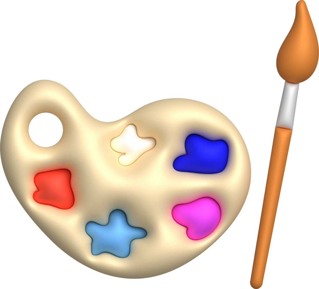 3D illustration coloring equipment Paint tray and brushes. minimal style. png
