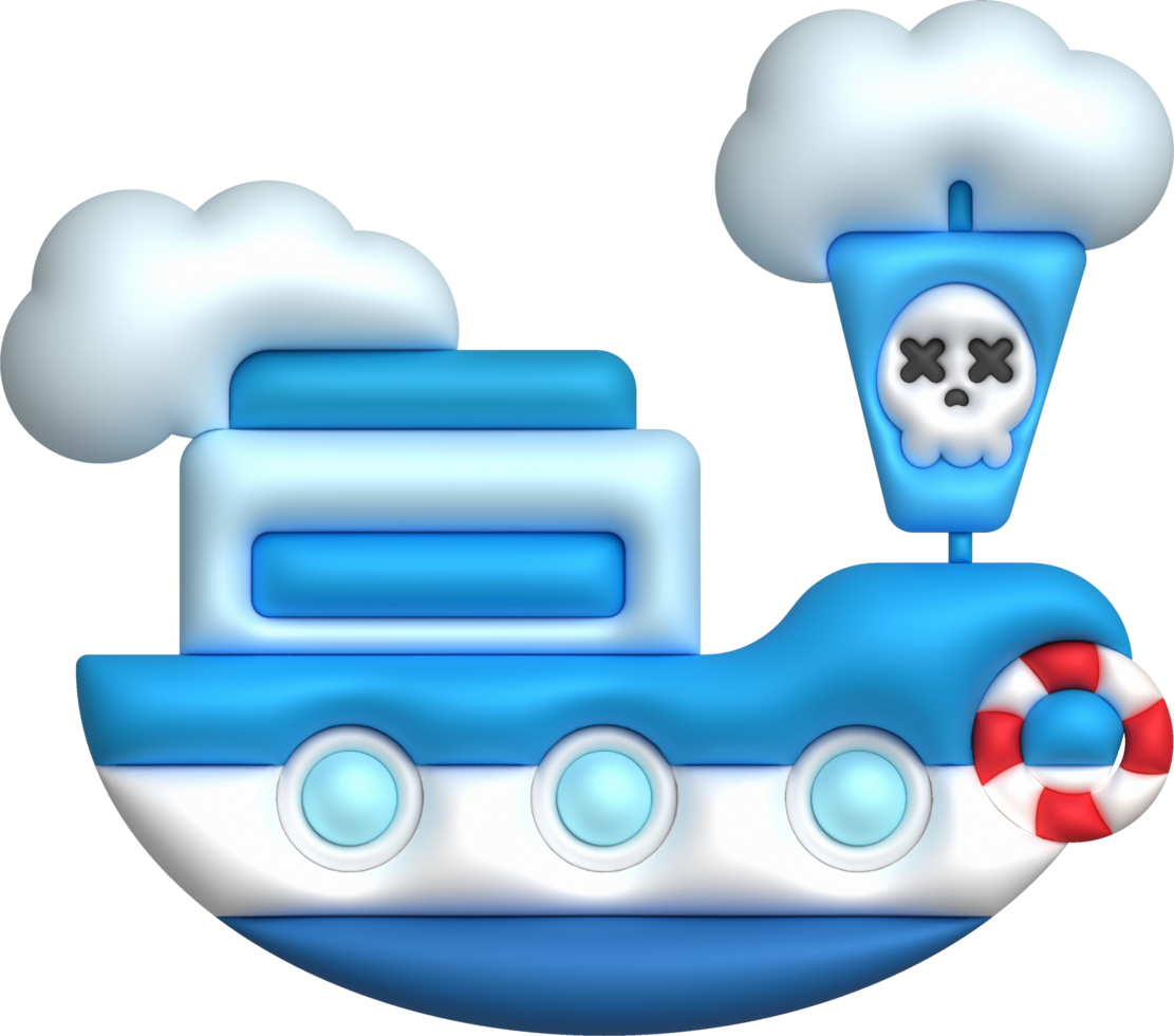 3D illustration toy pirate ship sailship, pirate galleon, cruise, fishing trawler. minimal style. png