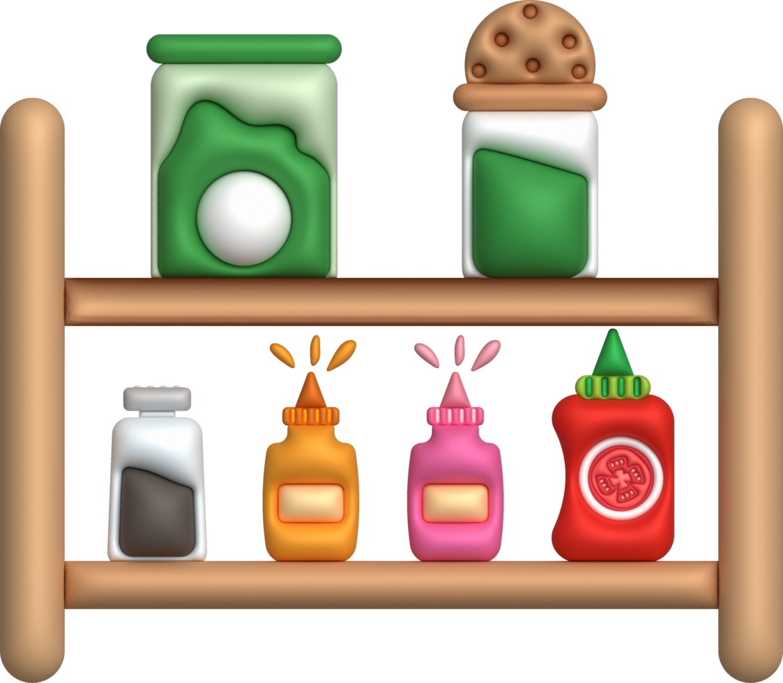 3d illustration Condiment shelves with bottles for seasoning powder, sauce bottles, used for cooking. minimal style. png