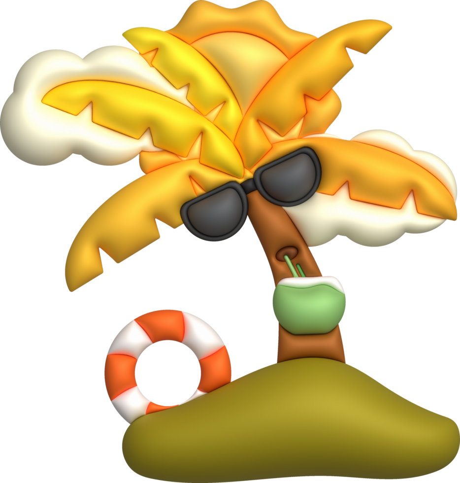 3d illustration Coconut tree wearing sunglasses drinking coconut water Cloud floats and surfboards in summer png