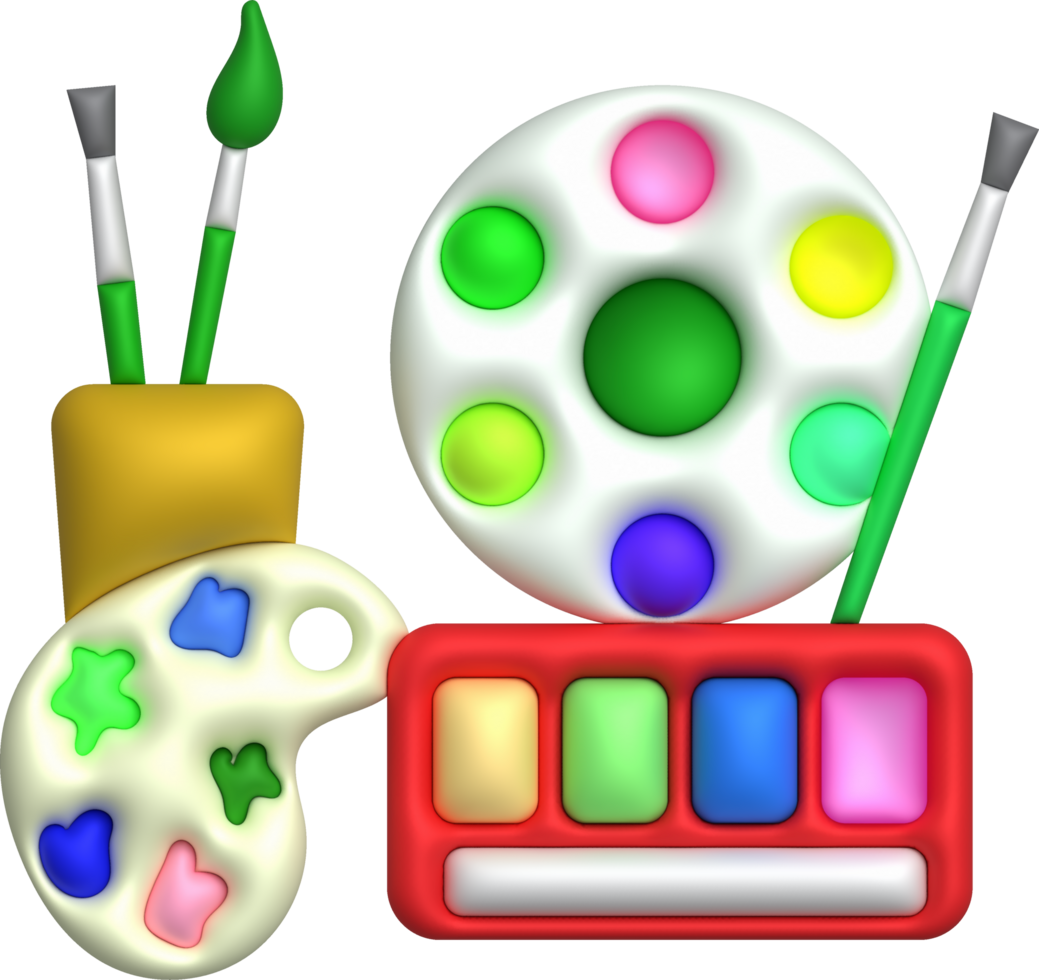 3D illustration coloring equipment Paint tray and brushes. minimal style. png