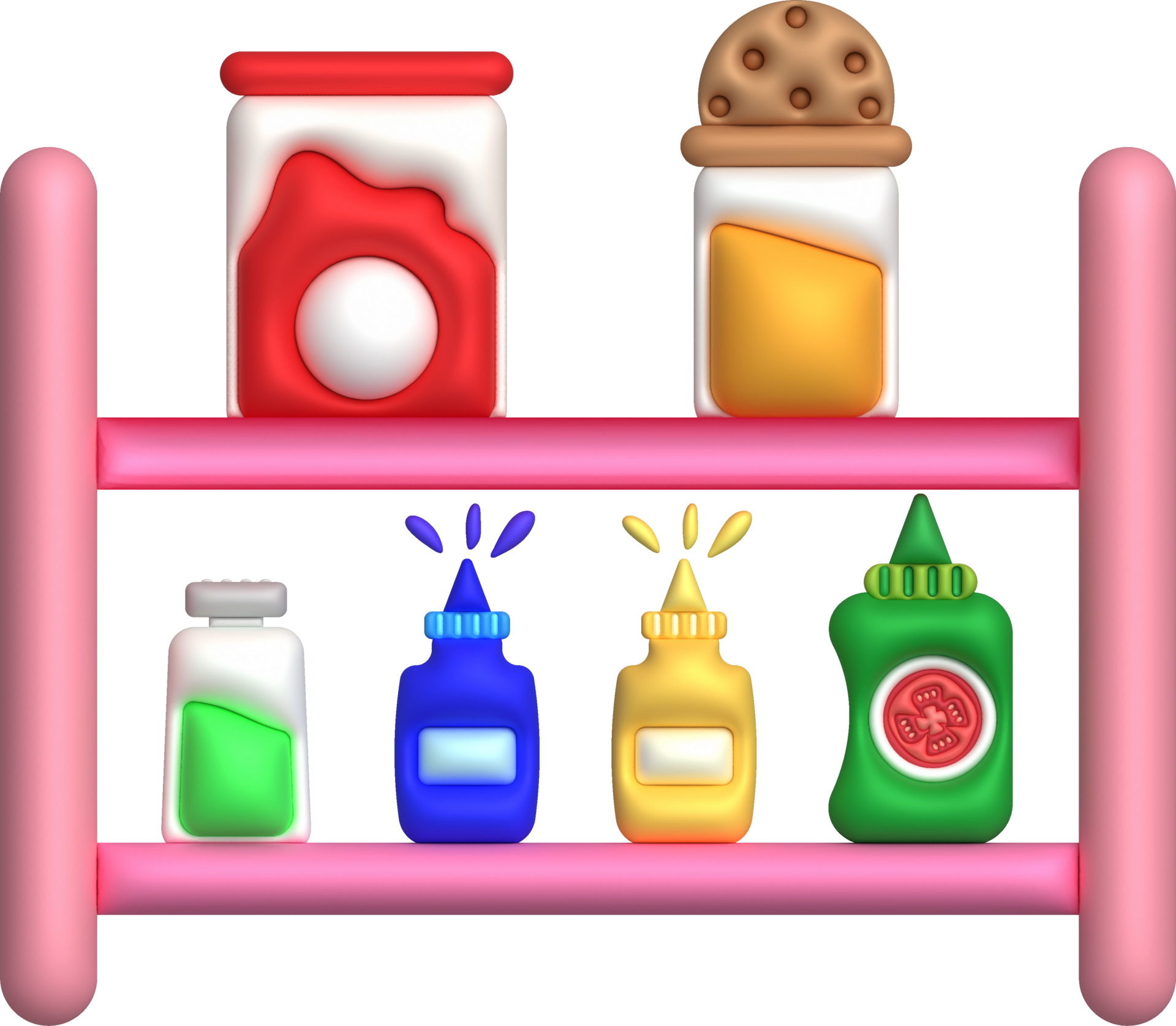 3d illustration condiment shelves with bottles for seasoning powder