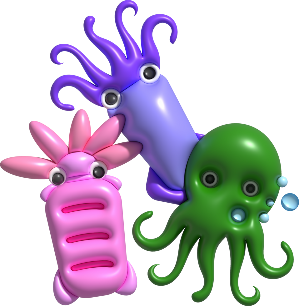 3D illustration Cute underwater animals squid and octopus. minimal style. png