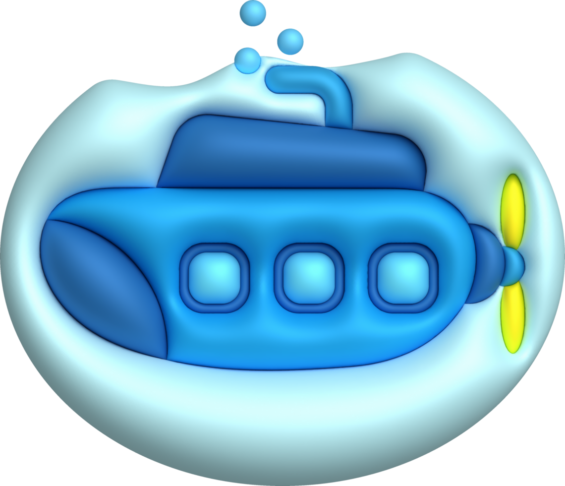 3D illustration  Submarine undersea with bubble.Kids toys minimal style. png