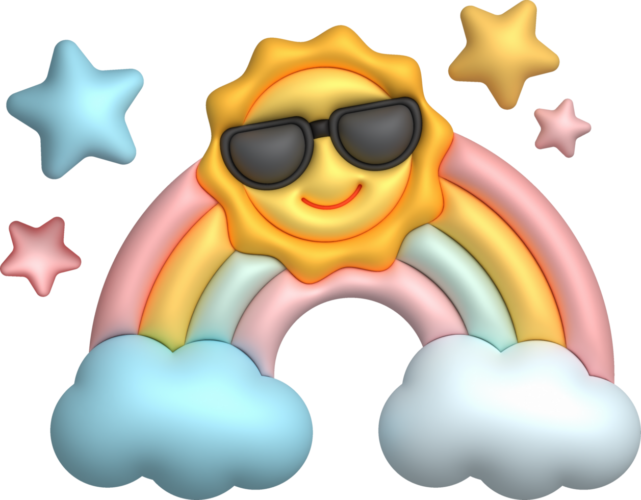 3D illustration colorful rainbow, clouds, sun in sunglasses and stars. minimal style. png