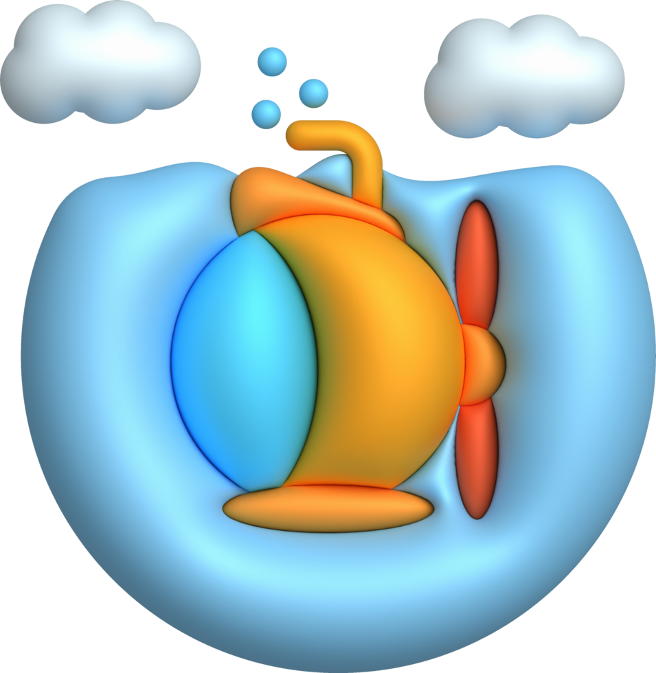 3D illustration  Submarine undersea with bubble.Kids toys minimal style. png