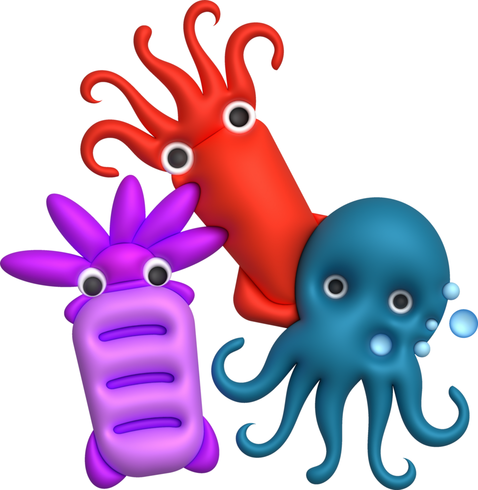 3D illustration Cute underwater animals squid and octopus. minimal style. png