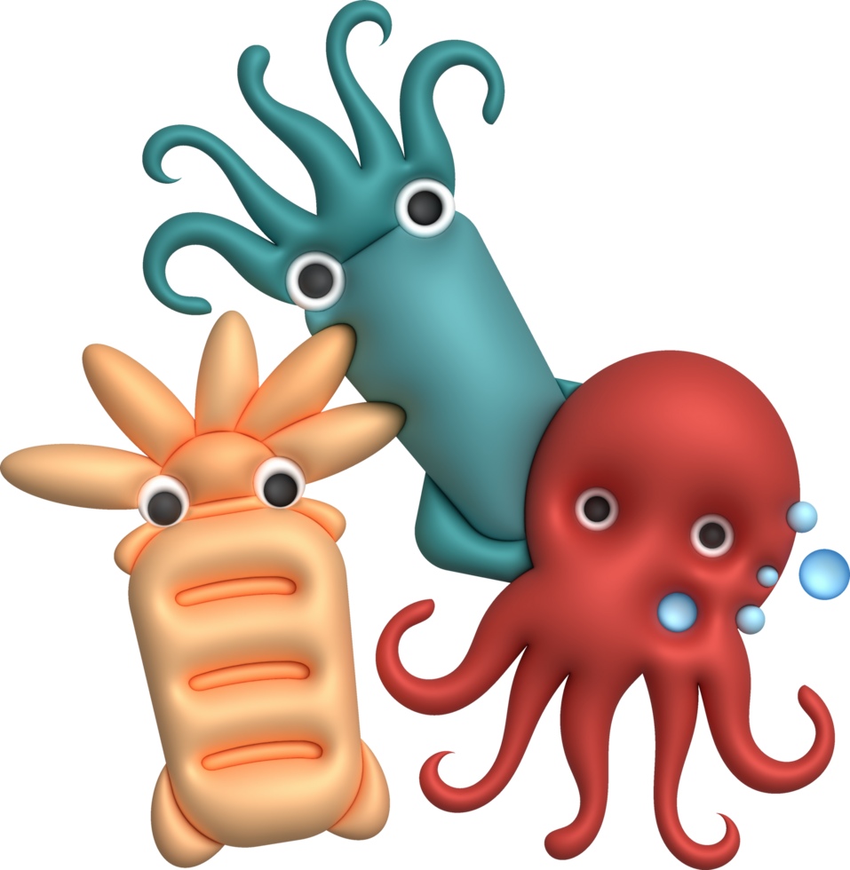 3D illustration Cute underwater animals squid and octopus. minimal style. png