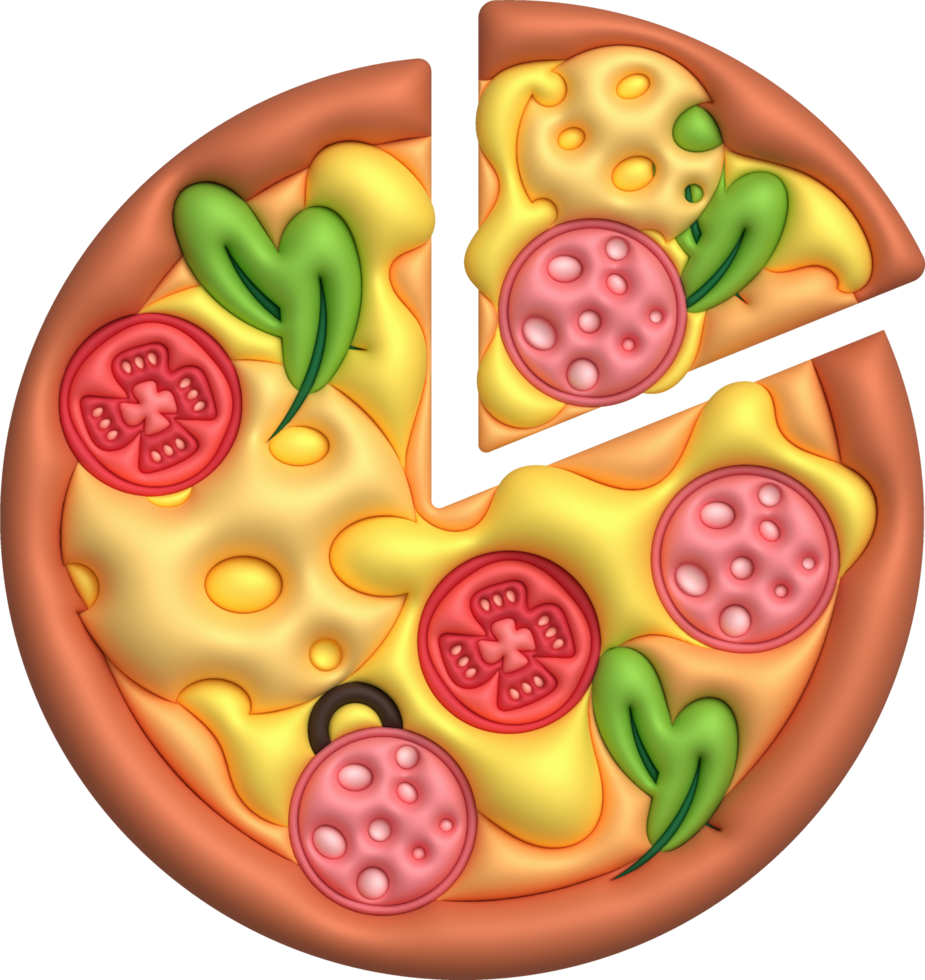 3D illustration Pizza slices, ham, tomatoes, vegetables and cheese. minimal style. png
