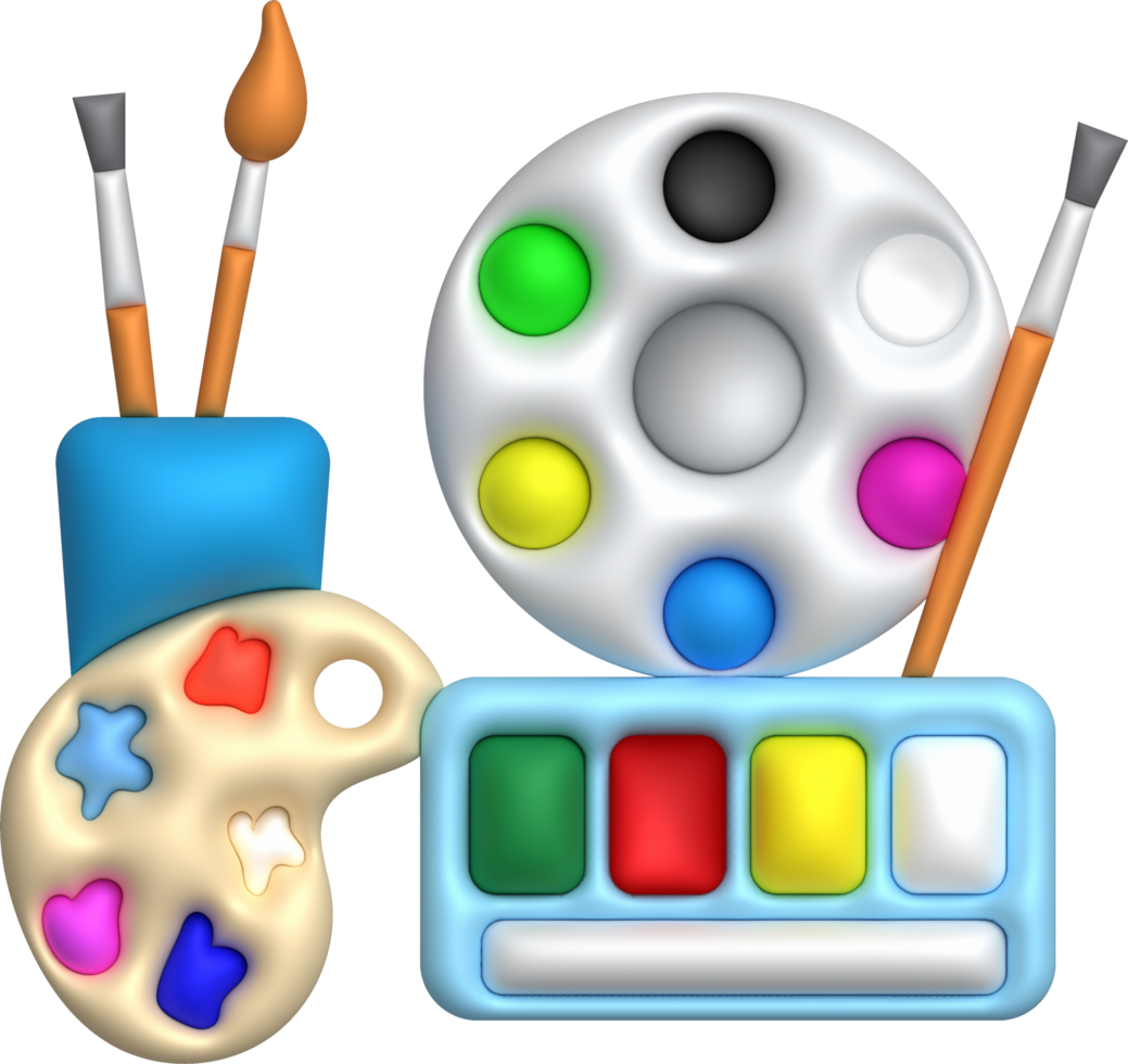 3D illustration coloring equipment Paint tray and brushes. minimal style. png