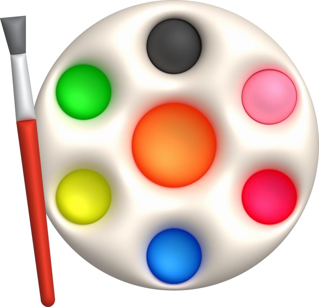 3D illustration coloring equipment Paint tray and brushes. minimal style. png