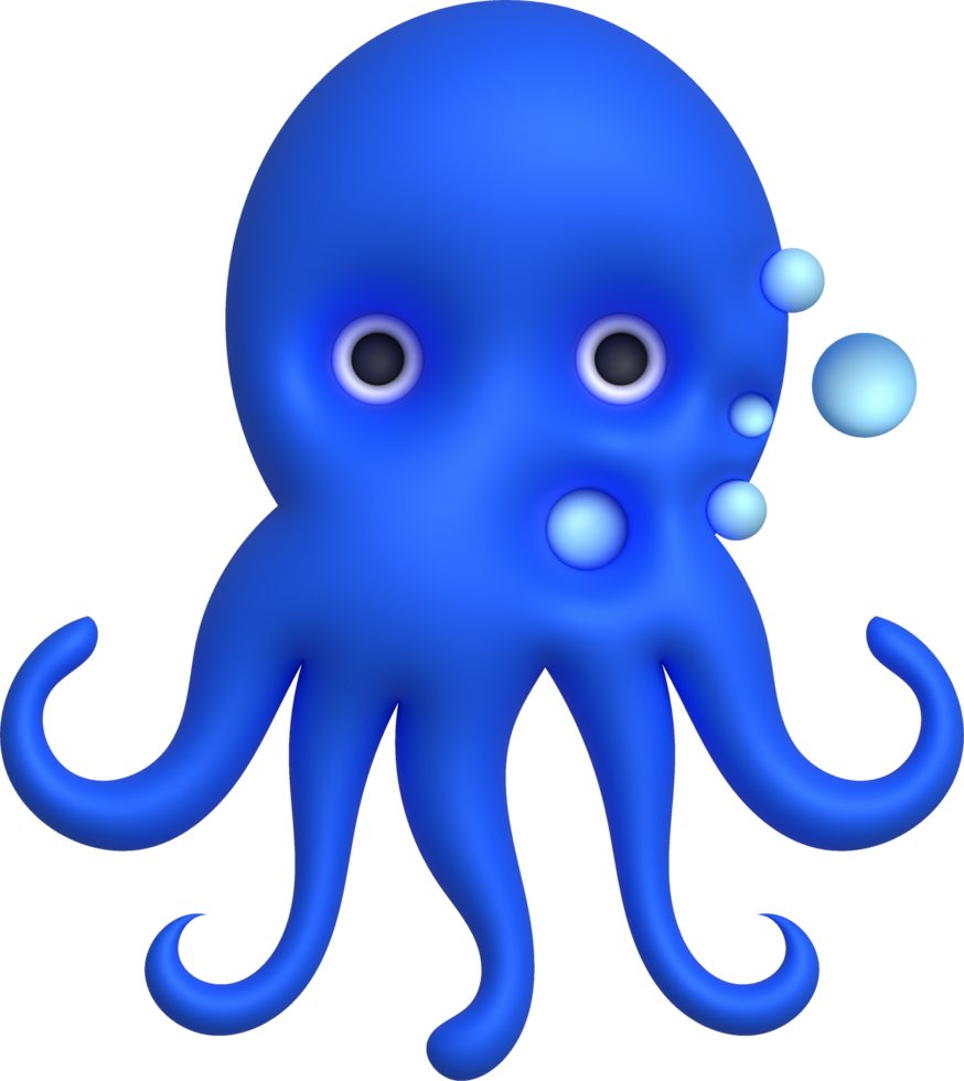 3D illustration Cute underwater animals squid and octopus. minimal style. png