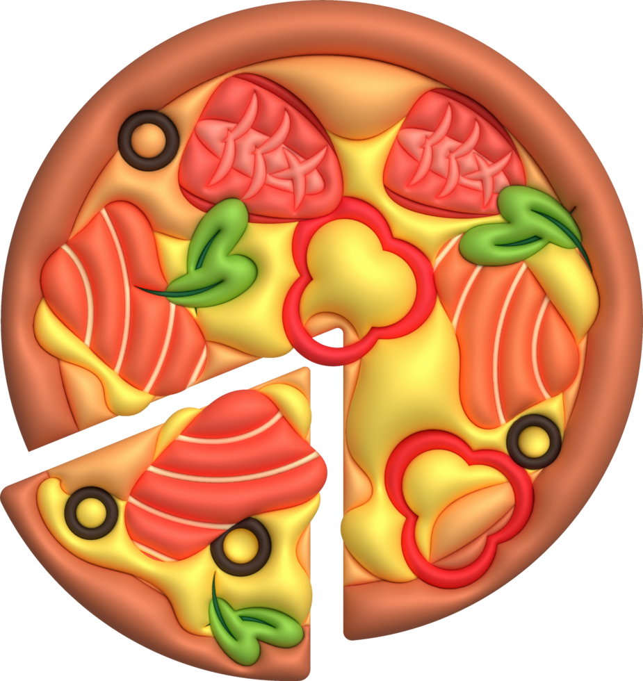 3D illustration Slices of pizza topped with salmon, vegetables and cheese. minimal style. png