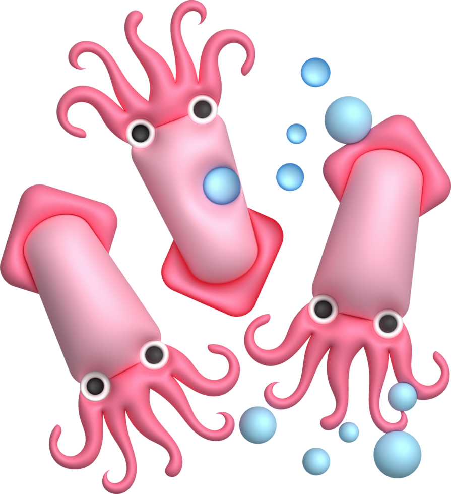 3D illustration Cute underwater animals squid and octopus. minimal style. png
