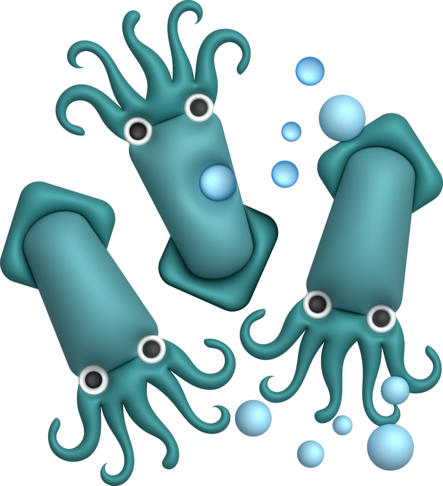 3D illustration Cute underwater animals squid and octopus. minimal style. png
