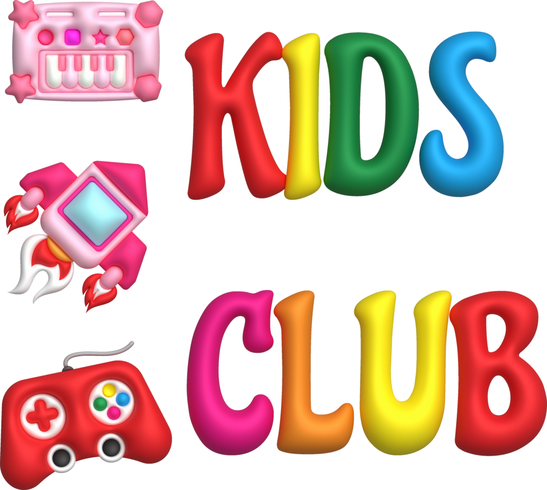 3d ilustración niños club letras y íconos cohete gamepad y piano teclado.niños juguetes mínimo estilo. png