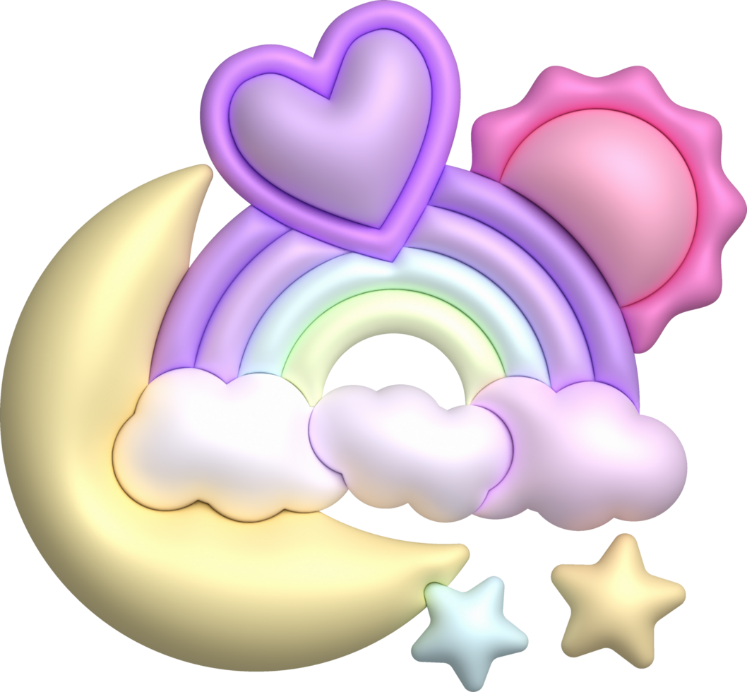 3d ilustração colorida arco-íris, nuvens, corações, Sol e estrelas. mínimo estilo. png