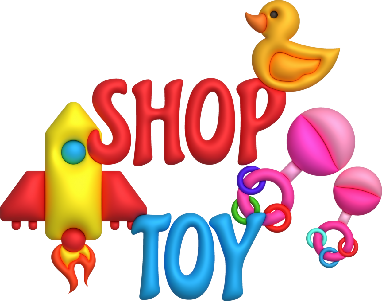 3D illustration toy shop letters and icons rocket duck and baby toys.Kids toys minimal style. png