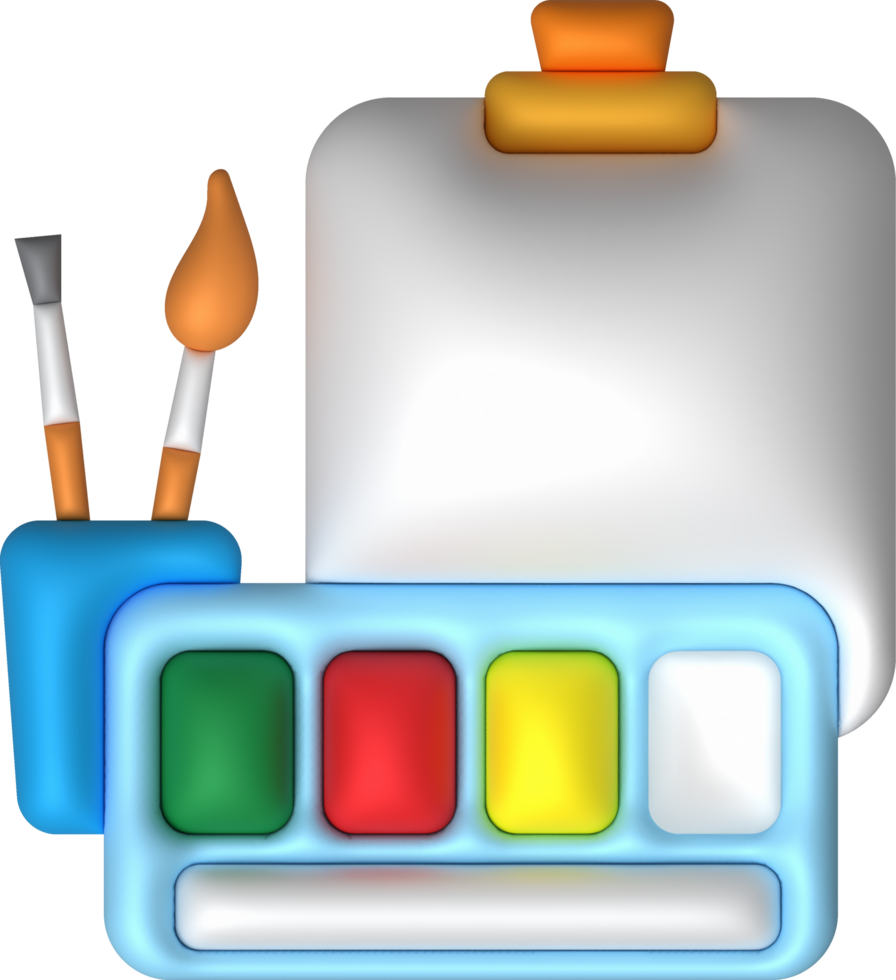 3d ilustração coloração equipamento pintura bandeja e escovas. mínimo estilo. png