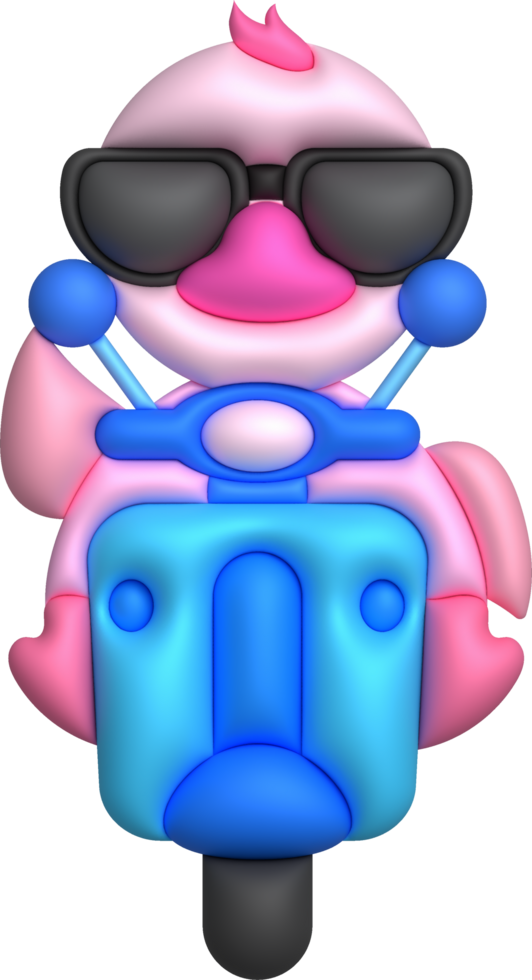 3D illustration duck wearing dark glasses driving a motorcycle. minimal style. png