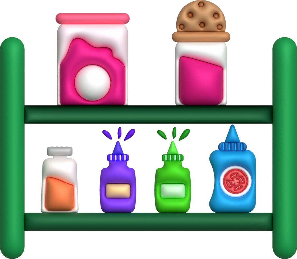 3d illustration Condiment shelves with bottles for seasoning powder, sauce bottles, used for cooking. minimal style. png