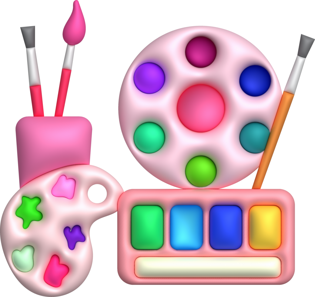 3D illustration coloring equipment Paint tray and brushes. minimal style. png