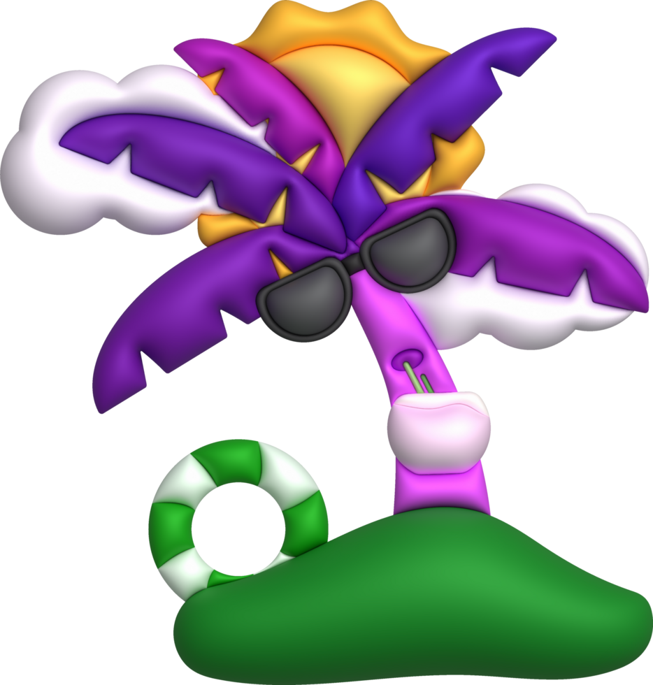 3d illustration Coconut tree wearing sunglasses drinking coconut water Cloud floats and surfboards in summer png