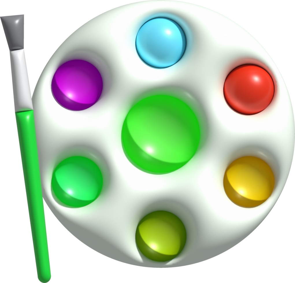 3D illustration coloring equipment Paint tray and brushes. minimal style. png