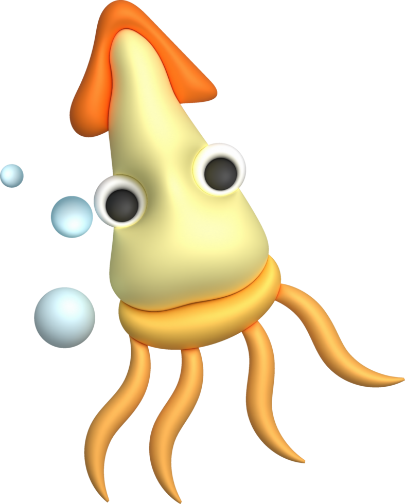 3D illustration Cute underwater animals squid and octopus. minimal style. png