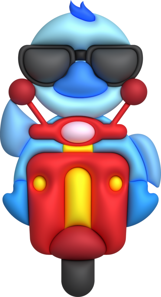 3d ilustração Pato vestindo Sombrio óculos dirigindo uma motocicleta. mínimo estilo. png
